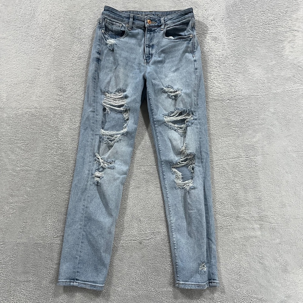 American Eagle Mom Jeans Womens 2 Distressed High Rise Western‎ Grunge Y2k Blue